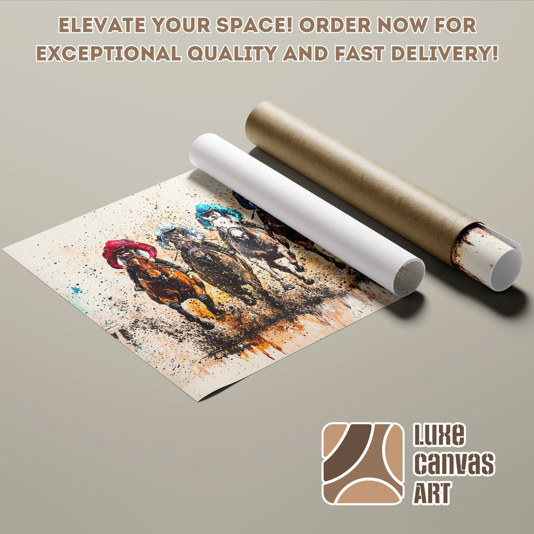 Poster Roll featuring a horse race in an abstract style, with a warm color palette. Order now!