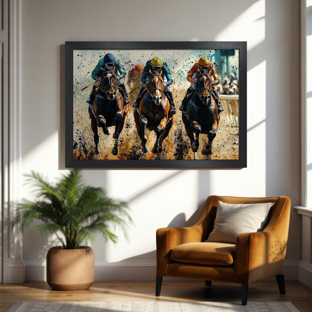 Framed Poster of horse racing action, vibrant colors, artistic style. Perfect for home decor, a stunning piece!