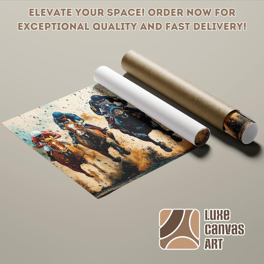 Horse racing poster roll, vibrant colors, art print for home decor.