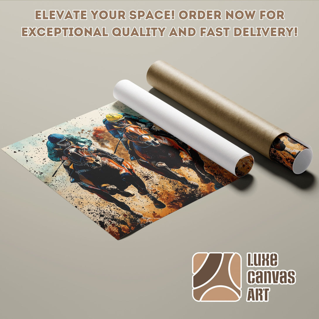 Horse racing Poster Roll, artistic style, warm color palette, elevate your space!