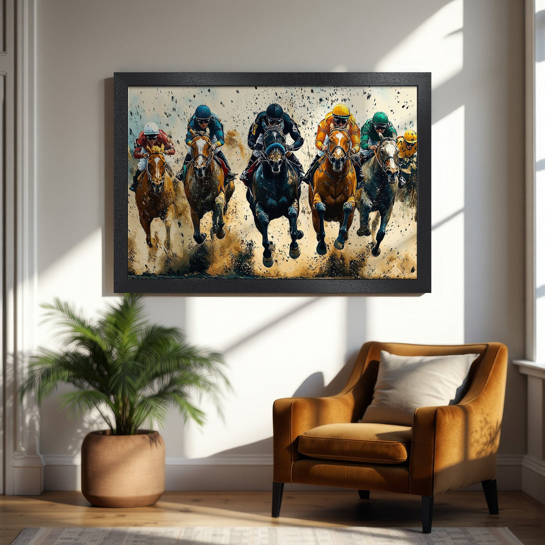 Framed Poster of horse racing action in vibrant colors. Perfect wall art for sports fans!