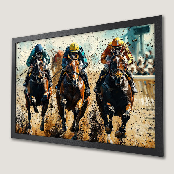 Framed Poster: Horse race art print in vibrant colors. Dynamic equestrian scene, perfect wall decor for sports fans.