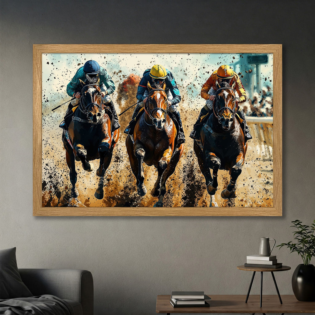 Framed Poster of a horse race in a dynamic style with a warm, earthy color palette. Perfect wall art for any space.