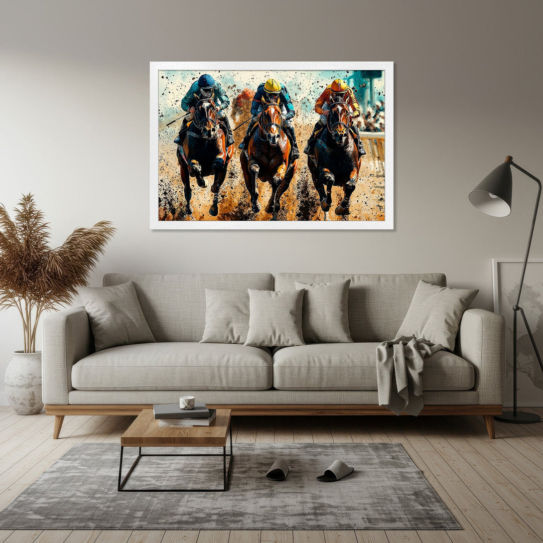 Framed Poster of a horse race in action. Dynamic art style with a vibrant color palette of browns, blues, and yellows. Perfect wall art.