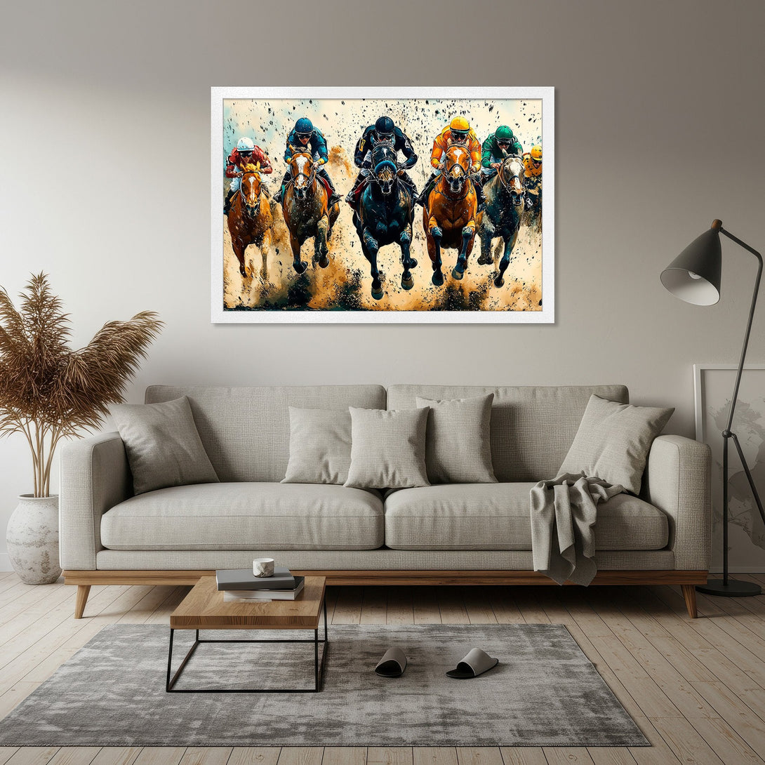 Framed Poster of a horse race in vibrant colors. Abstract style with a warm color palette, perfect for home decor.