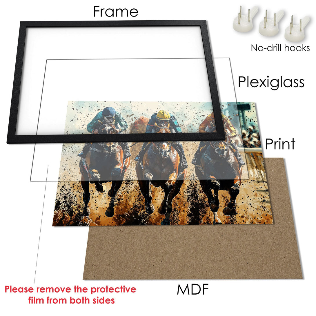 Framed Poster featuring a horse race in a watercolor style with a warm color palette. Perfect wall art!