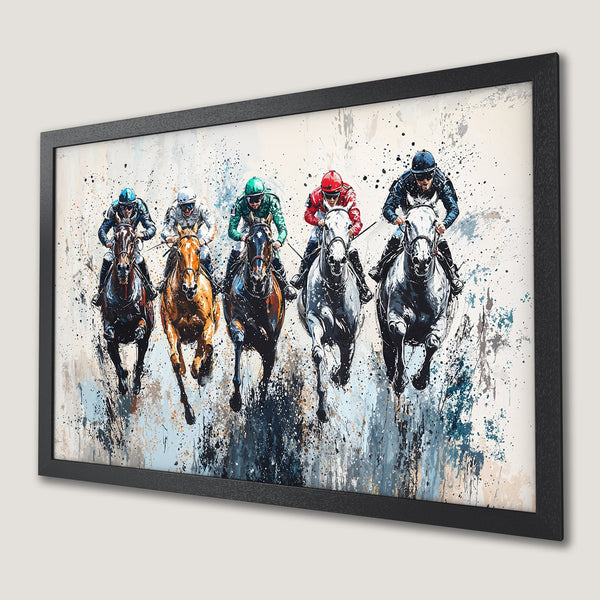 Framed Poster of horse race art in abstract style with blue, black, and beige color palette. A perfect wall decor.