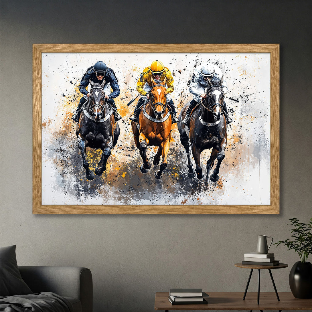 Framed Poster of horse racing action, abstract style, vibrant orange, yellow, and black color palette. Perfect wall art!