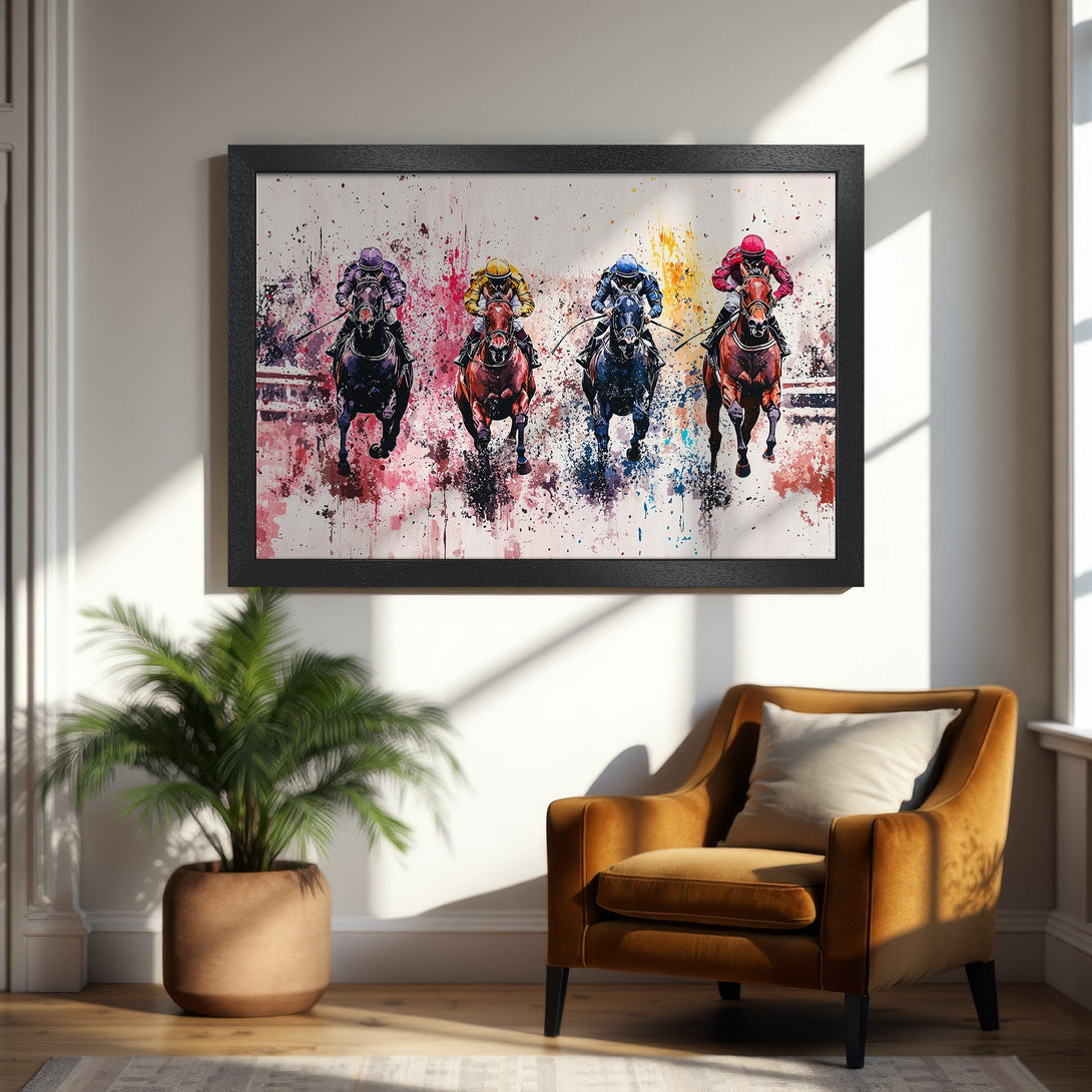 Framed Poster featuring a horse race in a colorful, abstract style. Vibrant palette of red, blue, and yellow. Perfect wall art.