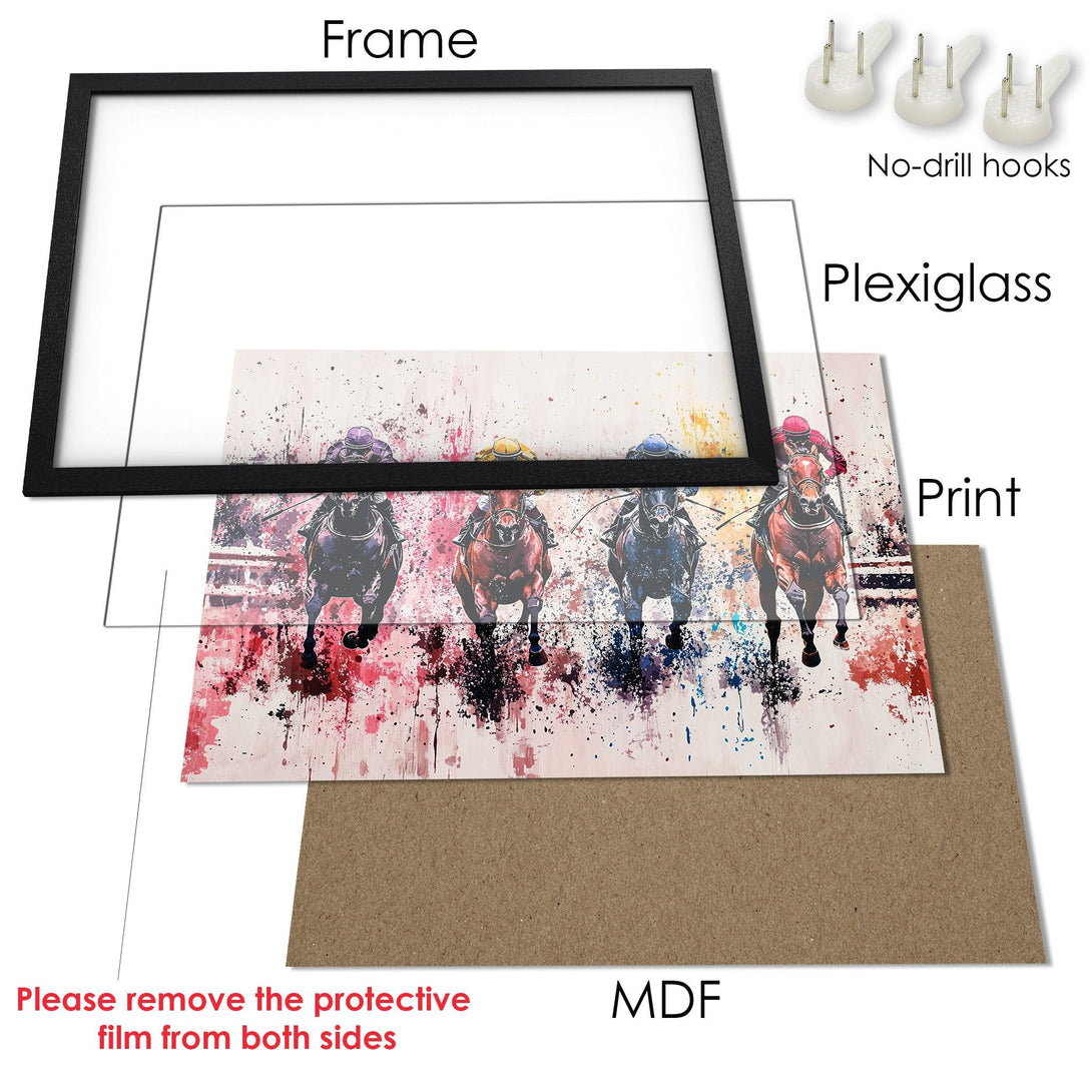 Framed Poster featuring a watercolor-style horse racing scene. Vibrant colors and dynamic art for your wall decor.