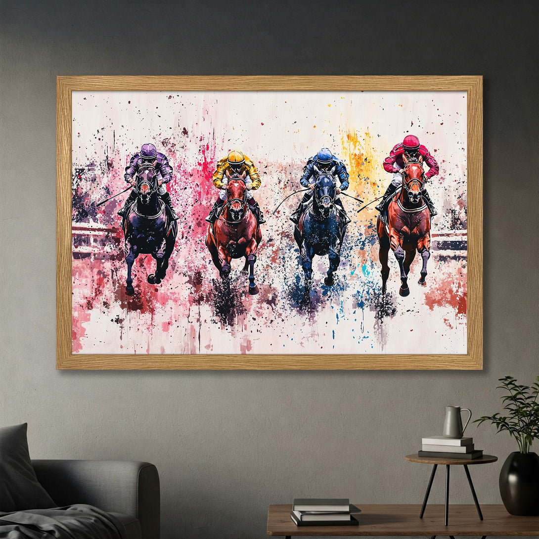 Framed Poster of horse racing art, vibrant watercolor style with a colorful palette. Perfect wall decor!