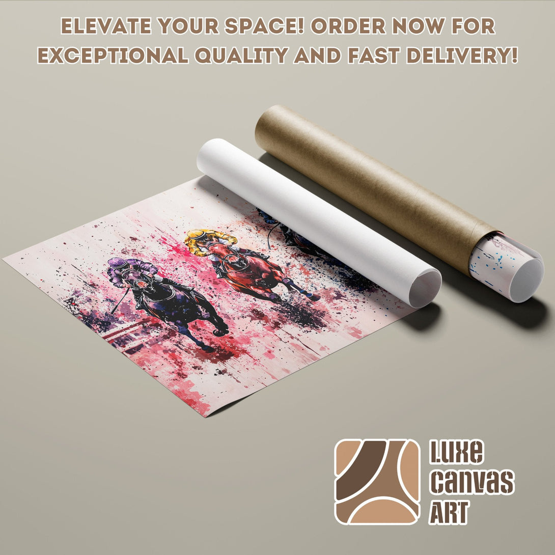 Poster Roll featuring horse racing art, abstract style, with a red and purple color palette. Order now!
