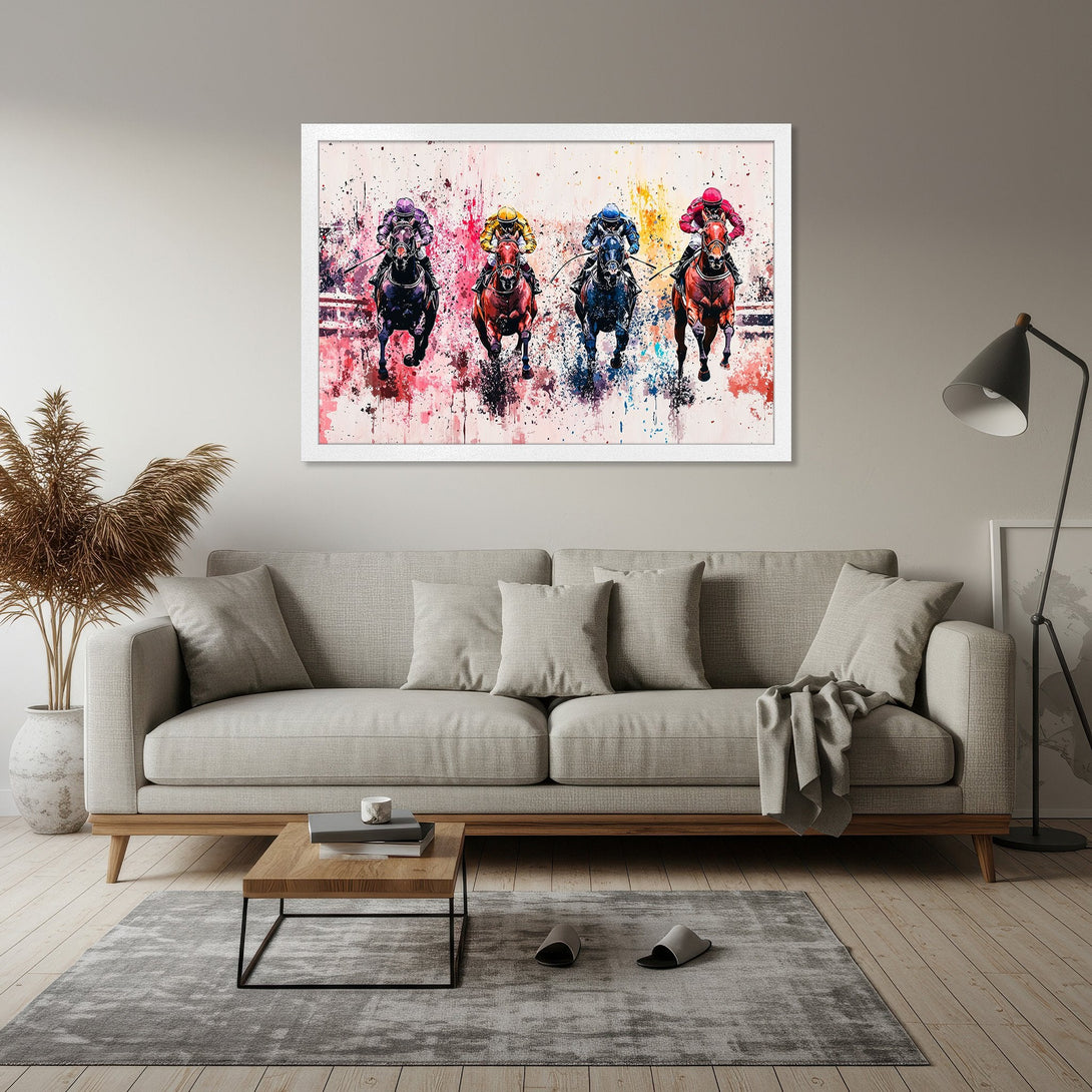 Framed Poster featuring a vibrant watercolor painting of racehorses. Dynamic artwork with a colorful palette of reds, blues, and yellows. Perfect wall art!