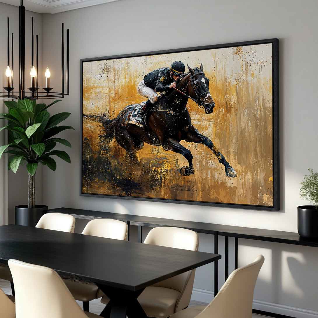 Framed Wall Art: Dynamic horse racing canvas print in abstract style with gold, black, and brown tones. Perfect for modern home decor.