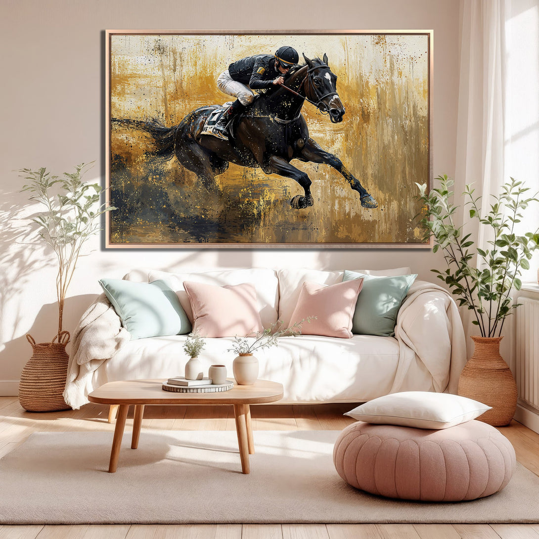 Framed Wall Art: Dynamic horse racing painting in gold and black tones. Abstract style Canvas Print adds elegance to any living room.