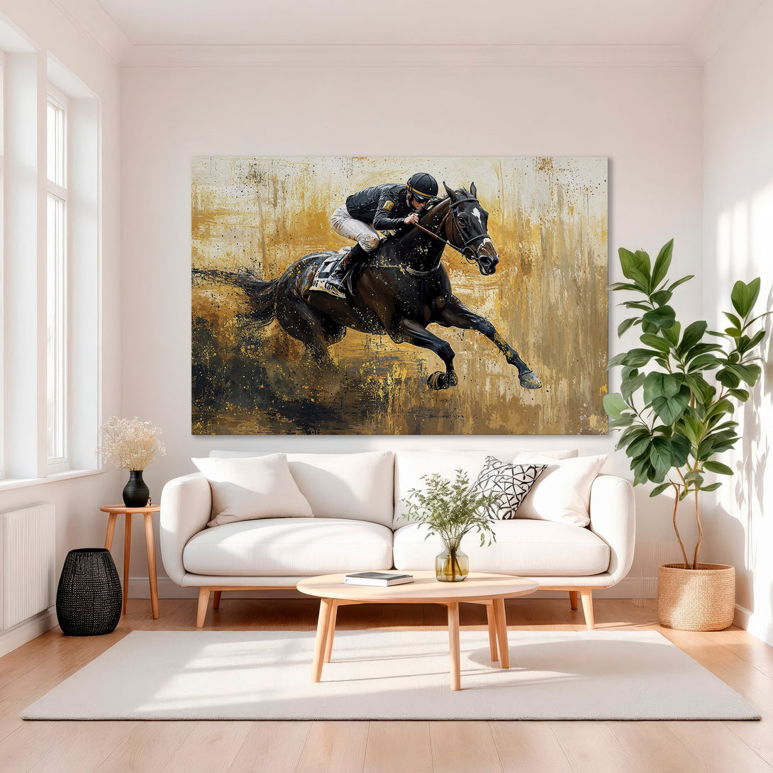 Framed Wall Art: Abstract horse racing scene in gold and black. Dramatic artwork with a warm, neutral color palette, perfect for elegant home decor.