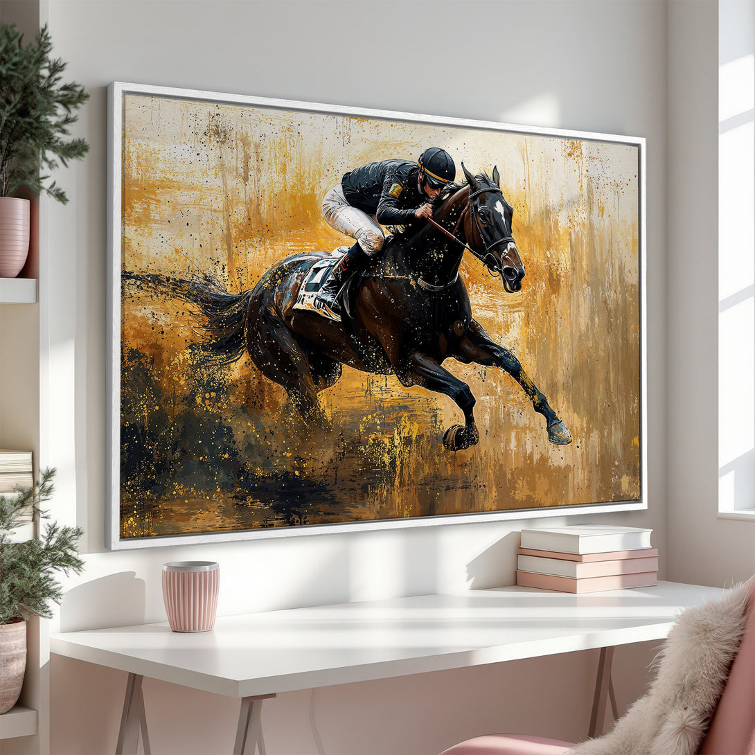 Framed Wall Art: Dynamic horse racing art in gold and black. Abstract style Canvas Print adds a touch of elegance to any interior.