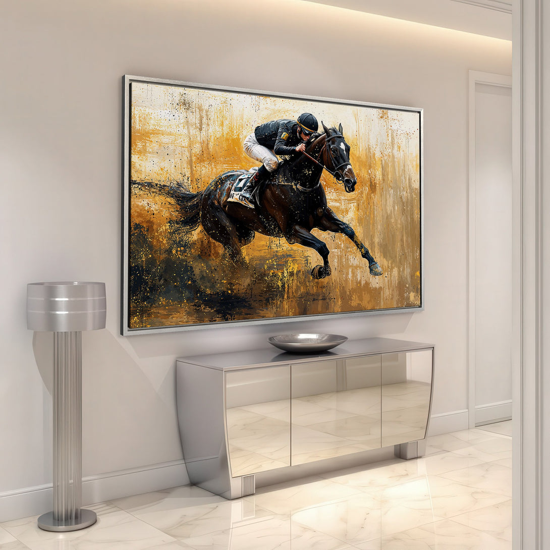 Framed Wall Art: Abstract horse racing scene in warm gold and black tones. Modern art for your home. Elevate your space with this stunning canvas print.