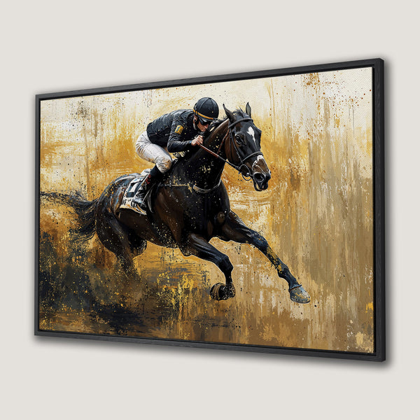Framed Wall Art: Dynamic horse racing art print with a jockey, in a warm gold and black color palette, perfect for equestrian decor.