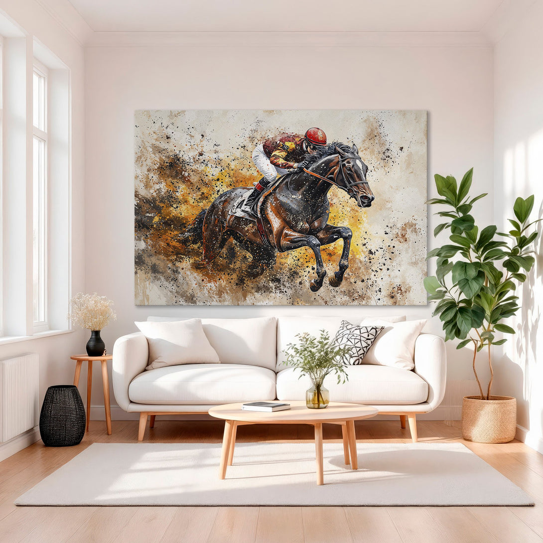Framed Wall Art: Dynamic horse racing painting in warm tones, adding a touch of elegance to any interior. Perfect for equestrian decor.
