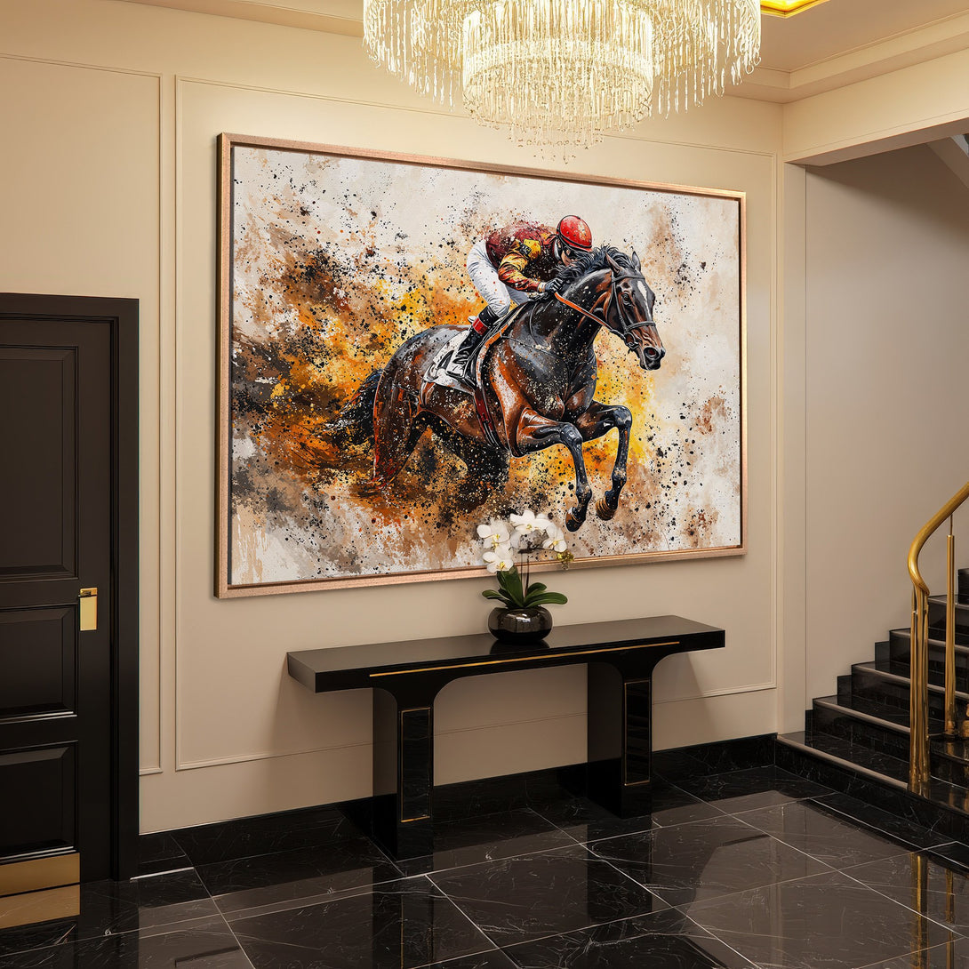 Framed Wall Art: Dynamic horse racing art in warm orange, black, and white. Modern abstract style canvas print adds elegance to any interior.