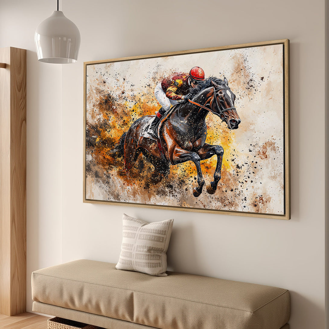 Framed Wall Art of a racehorse and jockey in action. Abstract style with warm, earthy tones. Perfect equestrian decor for your home.