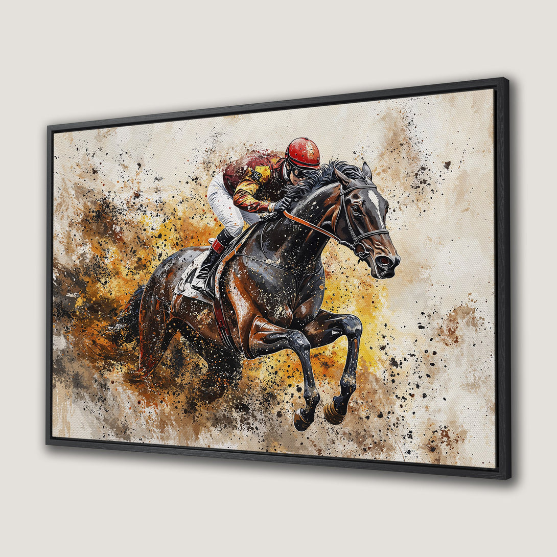 Framed Wall Art: Dynamic horse racing art in a watercolor style with warm, earthy tones. Perfect equestrian decor for your home.
