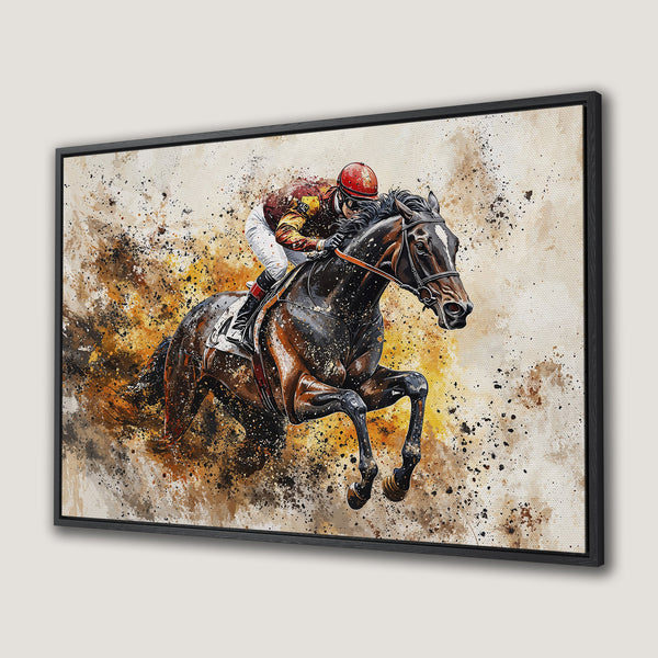 Framed Wall Art: Dynamic horse racing art in a watercolor style with warm, earthy tones. Perfect equestrian decor for your home.