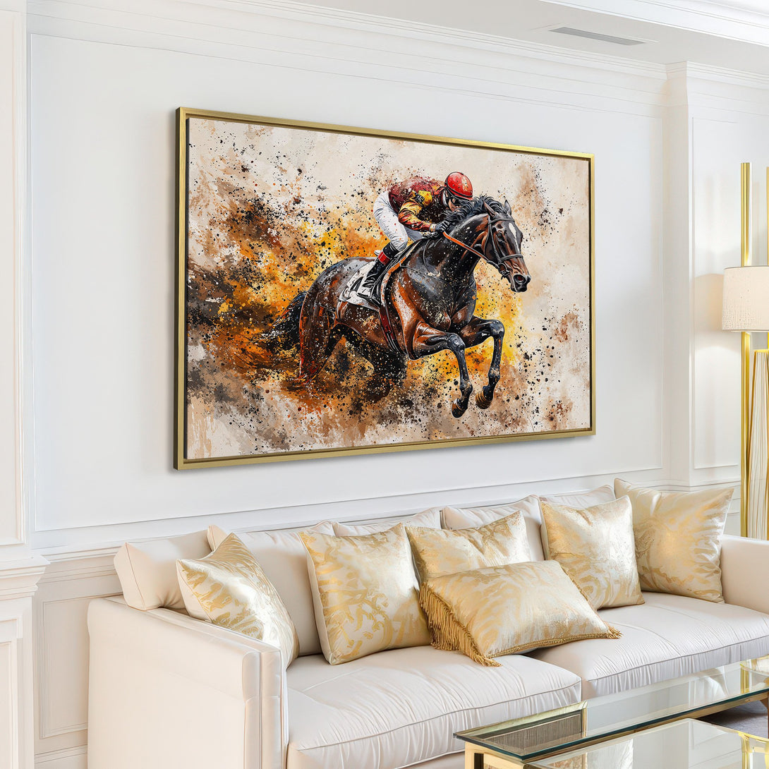 Canvas Print of a racehorse and jockey in action. Abstract style with warm brown, gold, and black tones. Perfect for modern home decor.