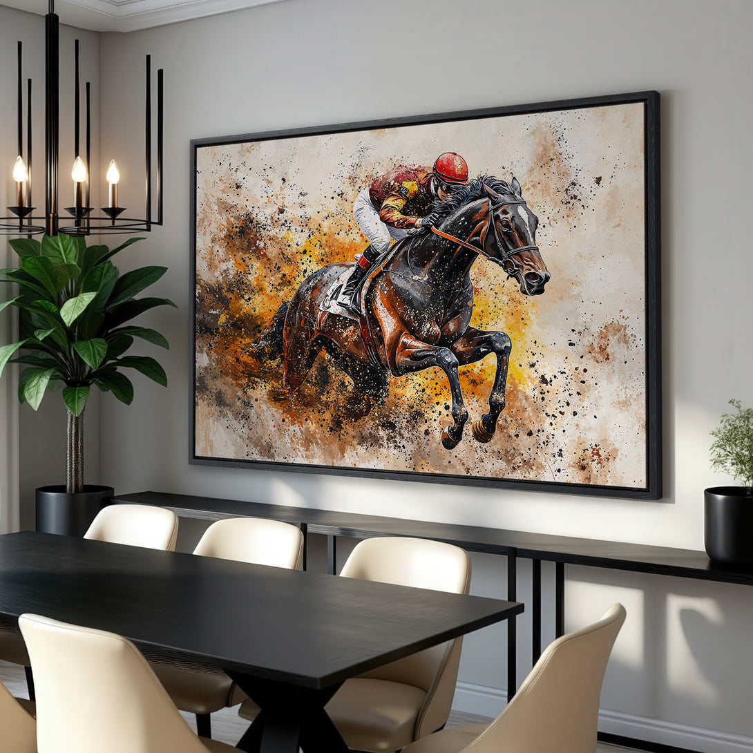 Framed Wall Art: Dynamic horse racing art in warm, earthy tones. Modern canvas print featuring a jockey and horse, perfect for home decor.