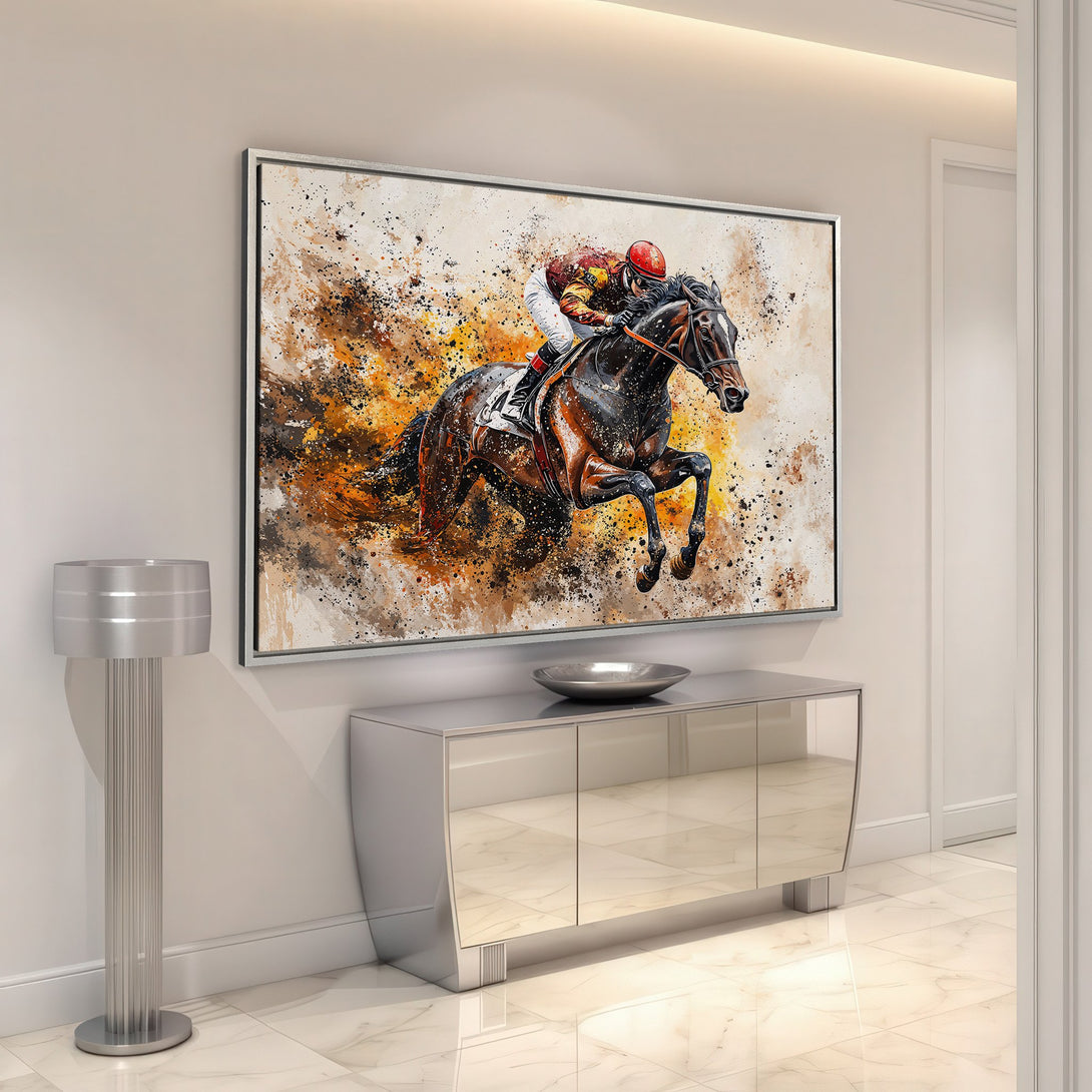 Framed Wall Art featuring a dynamic horse racing scene. Abstract style with warm orange, brown, and black tones adds a touch of elegance to any interior.