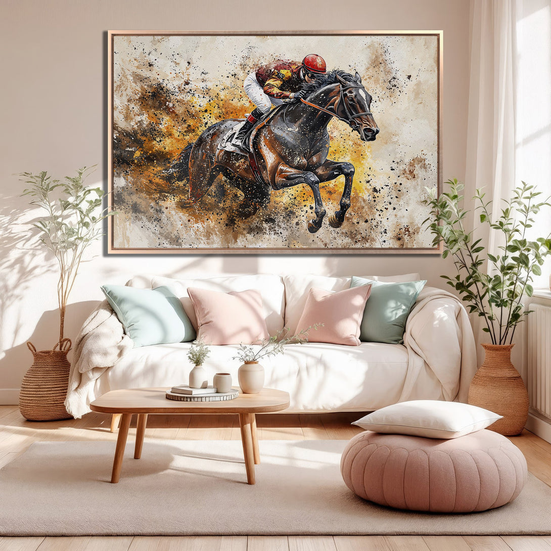 Framed Wall Art: Dynamic horse racing scene in abstract style. Earthy color palette with pops of red, perfect for adding a touch of elegance to your home.
