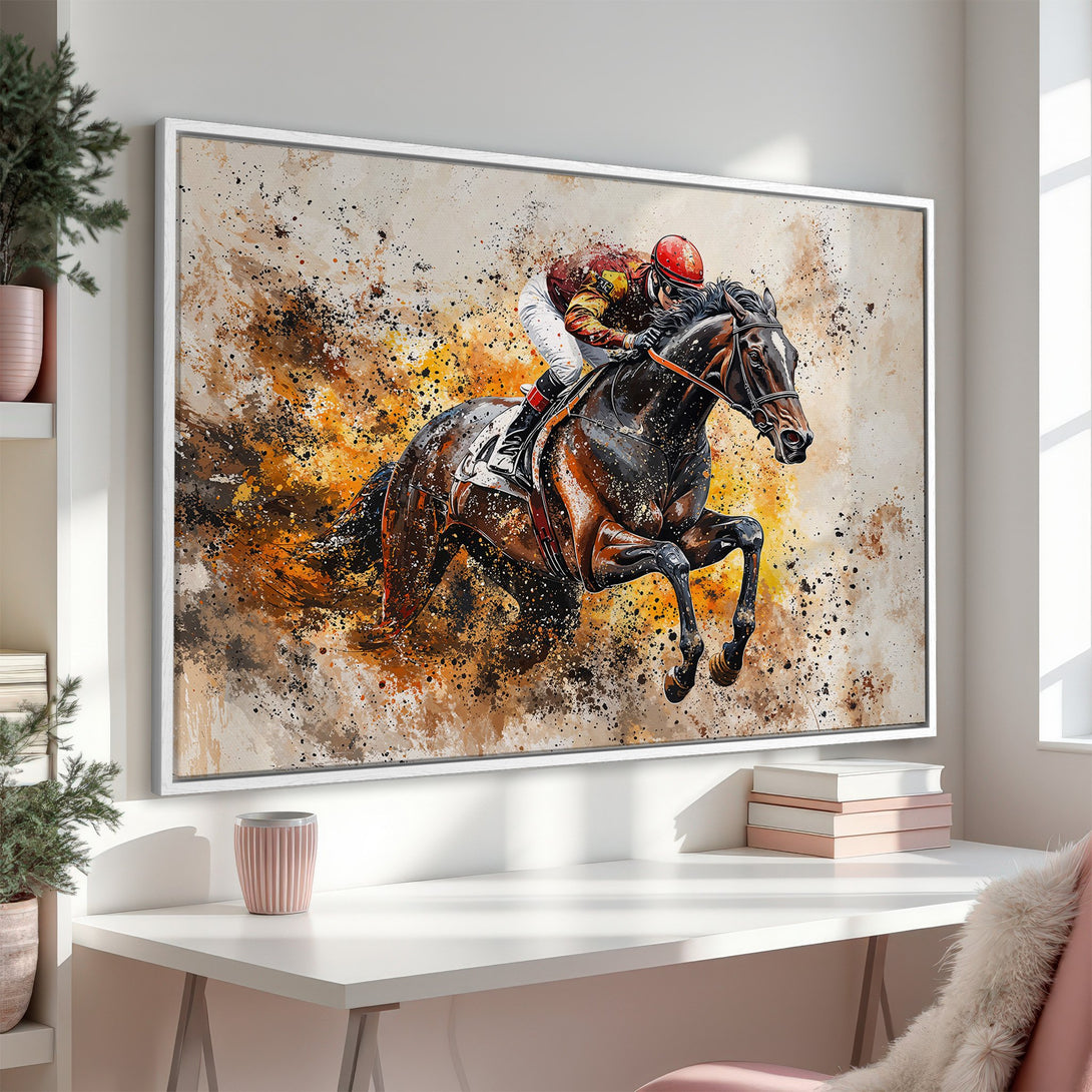 Framed Wall Art: Dynamic watercolor painting of a racehorse and jockey in action. Warm, earthy color palette adds a touch of elegance to any space.
