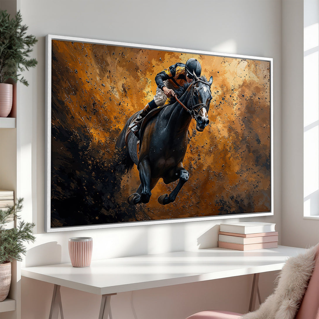 Framed Wall Art: Dynamic horse racing scene in abstract style. Warm gold and black color palette. Elevate your space with this stunning Canvas Print!