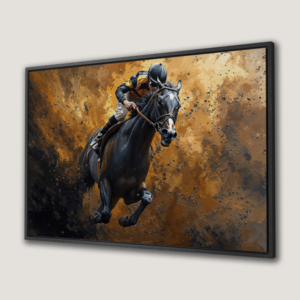 Framed Wall Art: Dynamic horse racing scene in warm gold and black tones. Add a touch of speed and elegance to your space with this stunning canvas print.