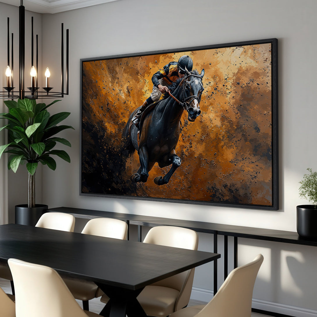 Framed Wall Art: Dynamic horse racing Canvas Print in warm earth tones. Modern equestrian art for home decor. Elevate your space with bold style.