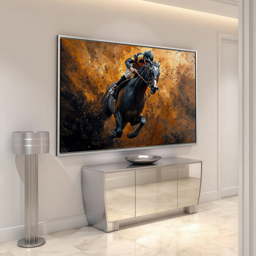 Framed Wall Art: Dynamic horse racing scene in warm orange and black tones. Elevate your space with this stunning canvas print!