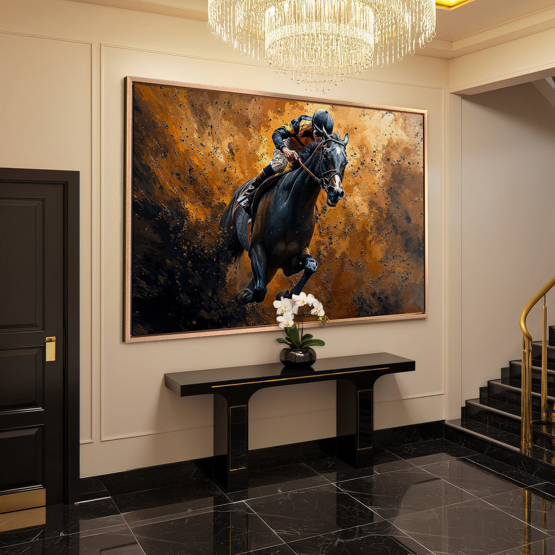 Framed Wall Art: Dynamic horse racing scene in warm gold and black tones. Elevate your space with this stunning canvas print!