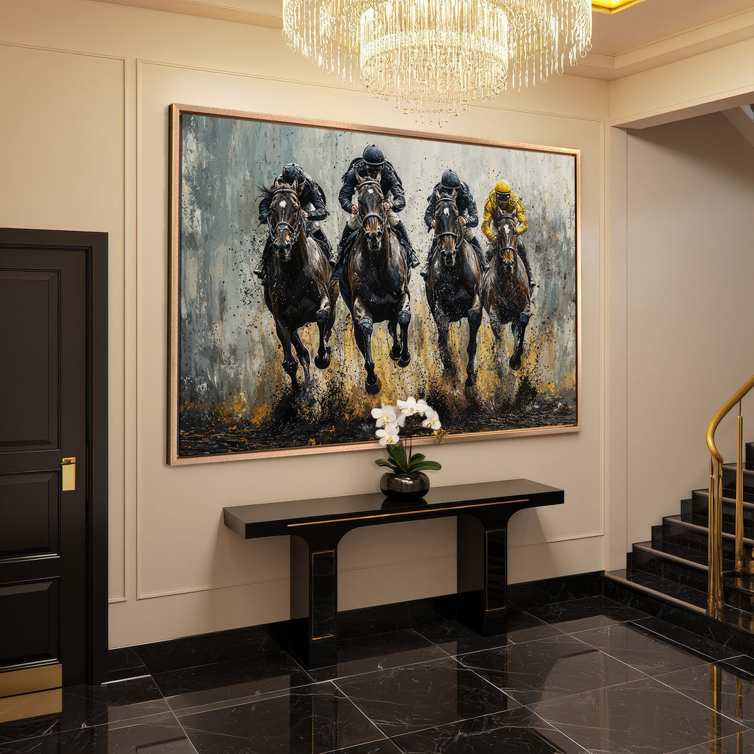 Framed Wall Art: Dynamic horse racing scene in a modern interior. Dramatic, abstract style with a neutral, gold, and black color palette. Elevate your space!