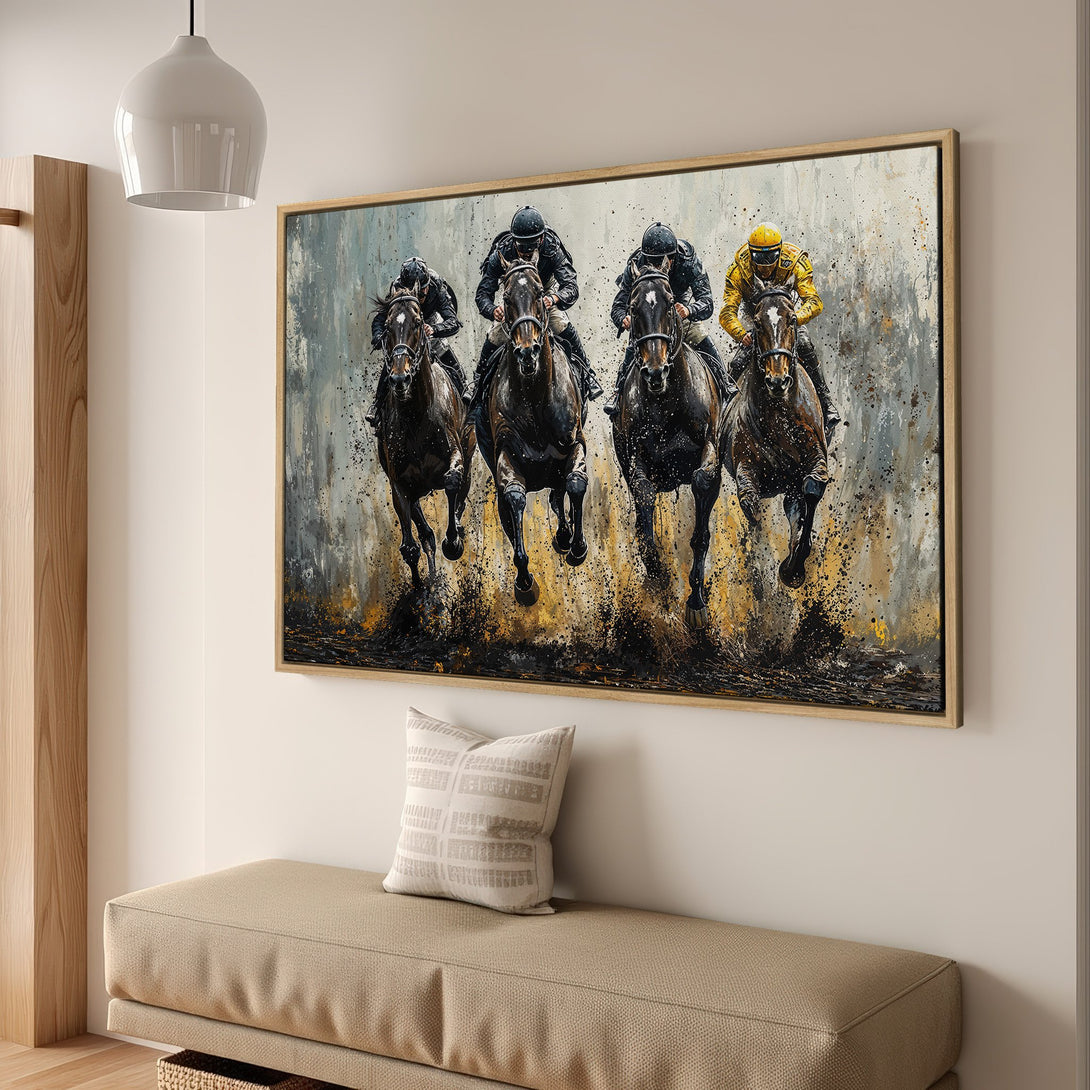 Framed Wall Art: Dynamic horse racing scene in a modern, abstract style. Earthy tones with pops of yellow. Perfect equestrian decor for any home.