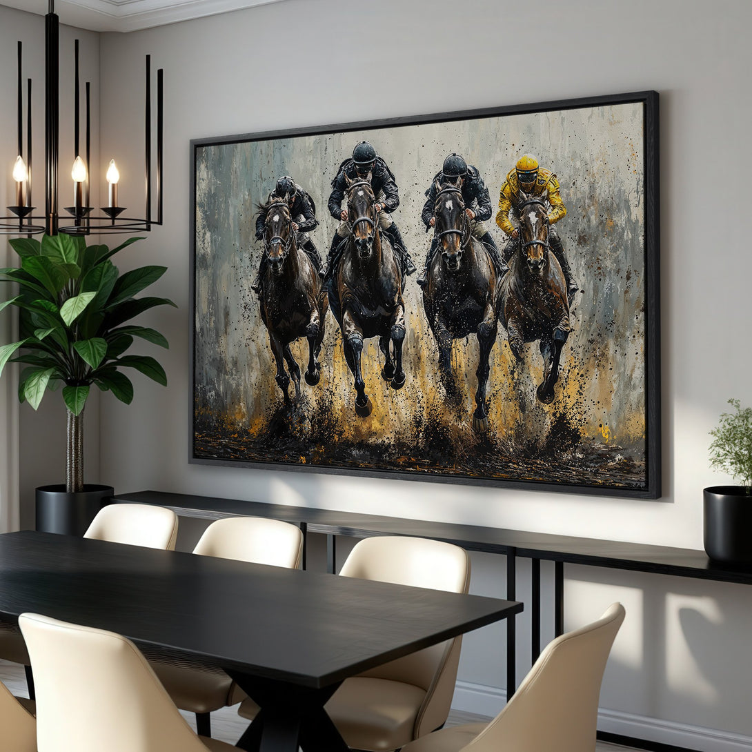 Framed Wall Art: Dynamic horse racing scene in neutral and earth tones. Abstract style canvas print adds modern elegance to any space.