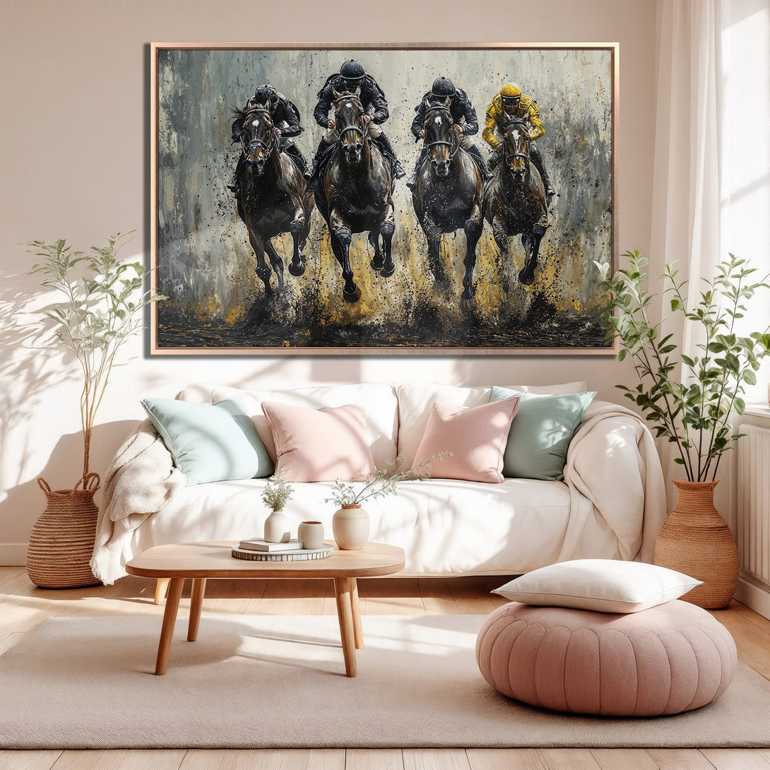 Framed Wall Art: Dynamic horse racing scene in neutral tones. Abstract style Canvas Print adds a touch of elegance to any interior.