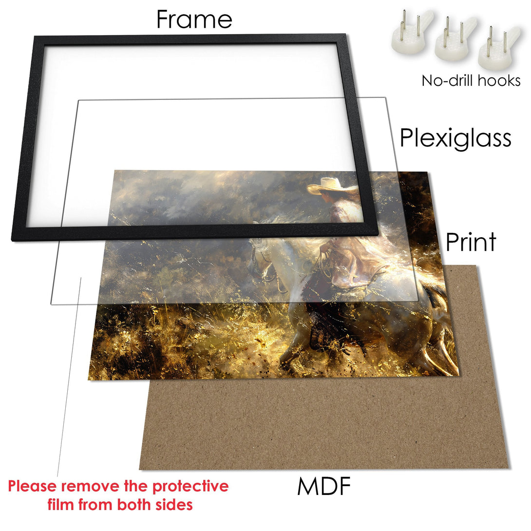 Framed Poster featuring a cowgirl on a horse, in a painterly style with gold and brown tones. Perfect wall art!