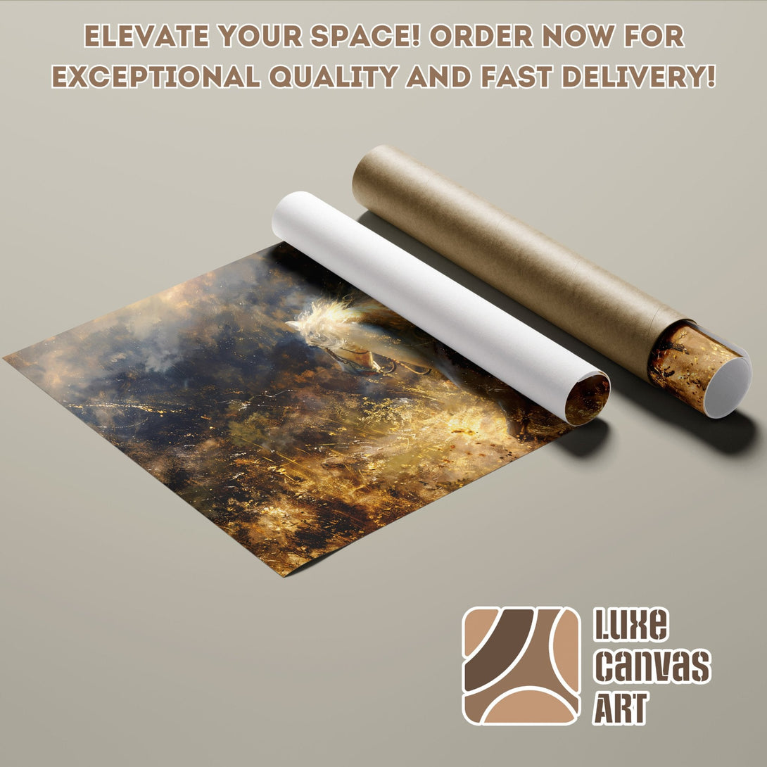 Poster Roll of a horse painting in a warm, golden color palette. Elevate your space with art!