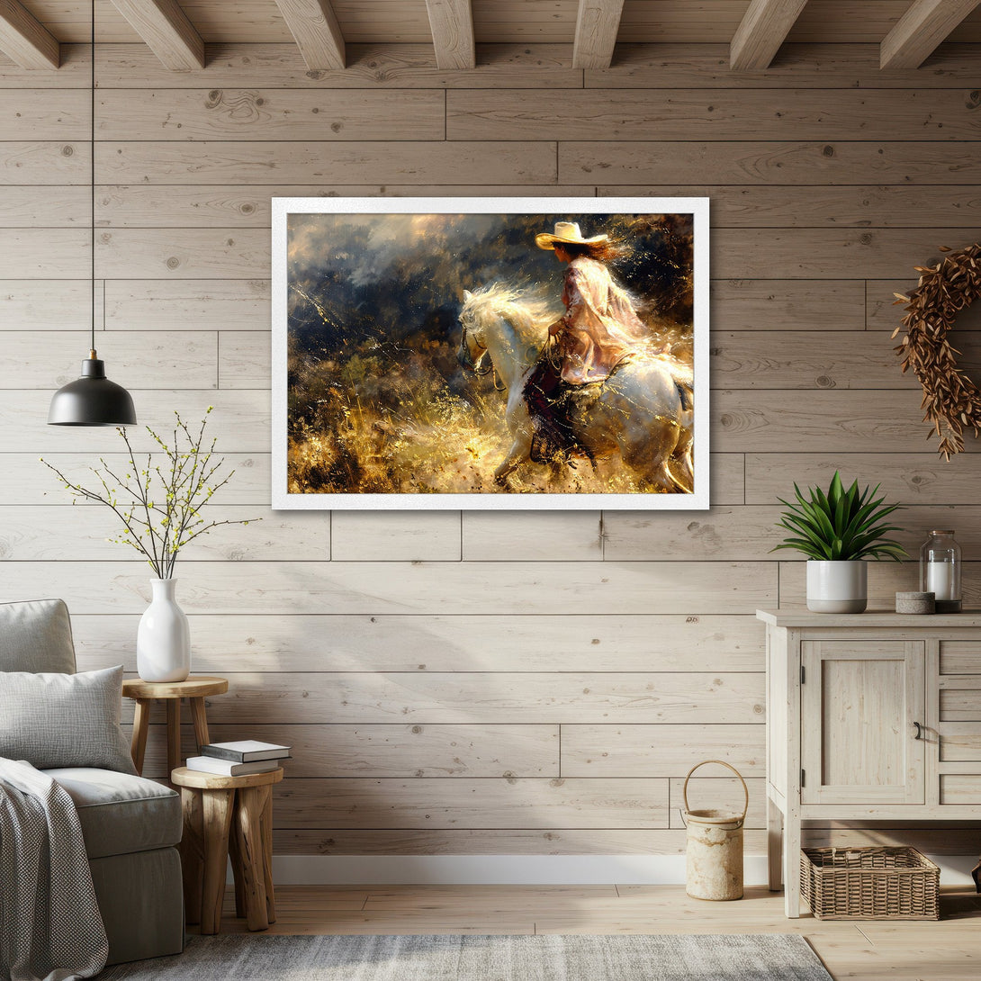 Framed Poster of a cowgirl on horseback, painted in a dreamy, impressionistic style with a warm, golden color palette. Perfect wall art!