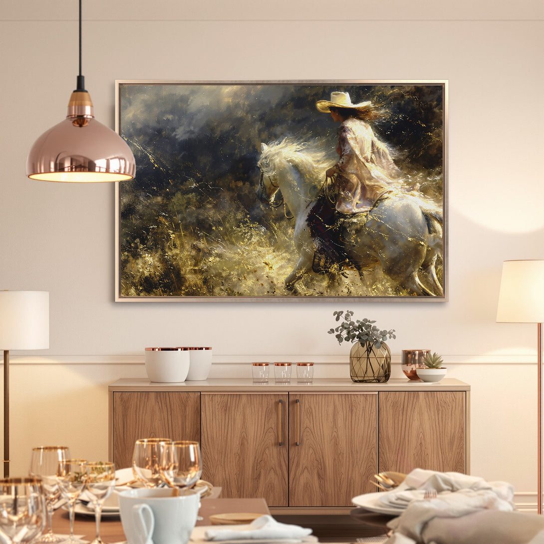 Framed Wall Art: Dramatic Western scene of a cowgirl on horseback. Warm gold and neutral tones create a captivating, artistic canvas print perfect for any space.