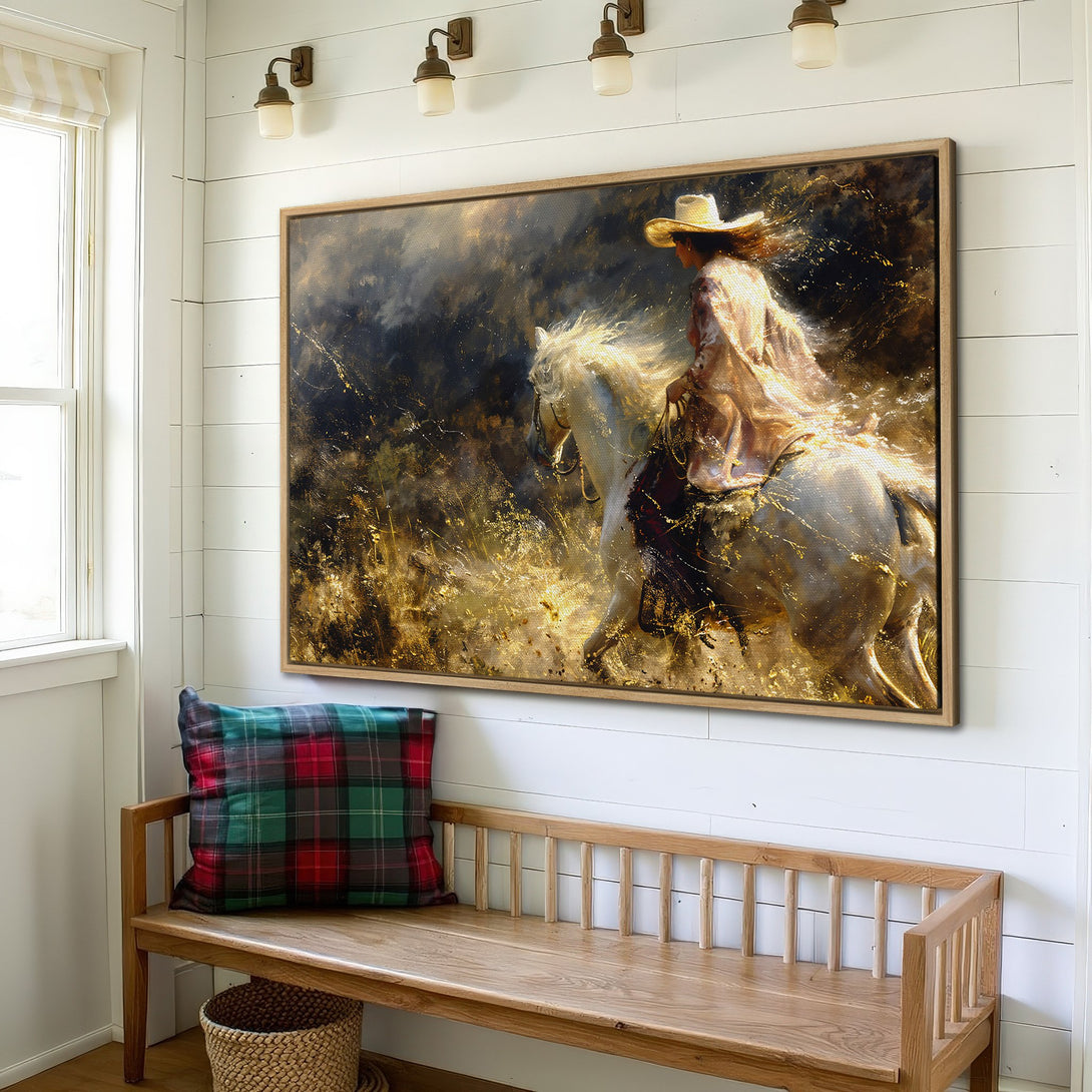 Framed Wall Art featuring a cowboy on a white horse, with a warm, golden color palette. Perfect for rustic decor.