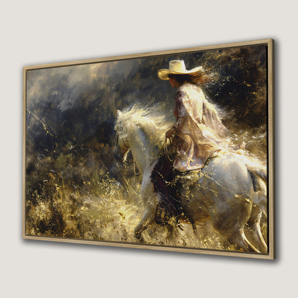 Framed Wall Art: Cowgirl riding a white horse, dramatic style, gold and dark tones. Elevate your space with this stunning canvas print!