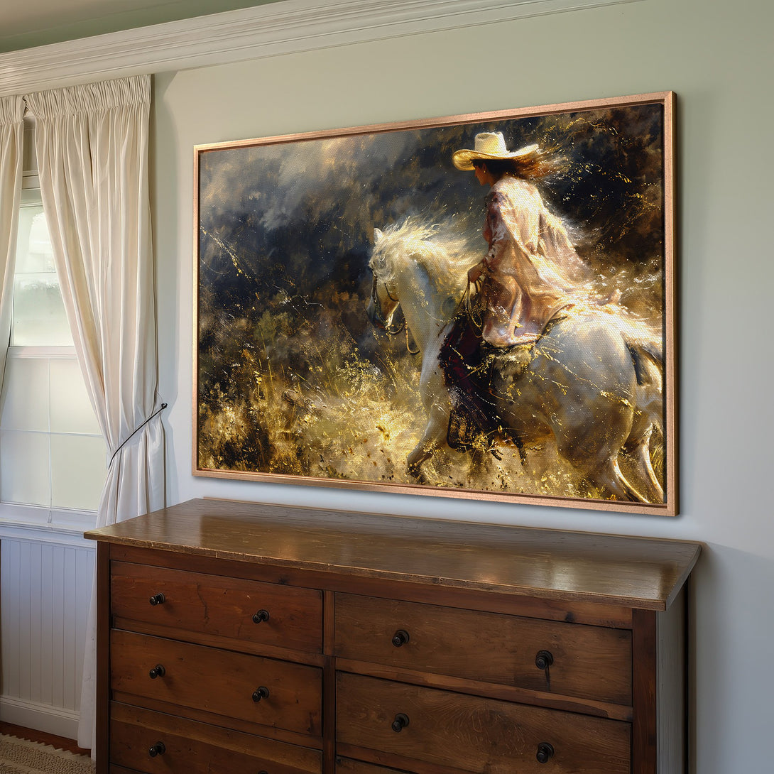 Framed Wall Art: Stunning canvas print of a cowgirl on a white horse, with a warm, golden color palette. Perfect for adding a touch of western charm.