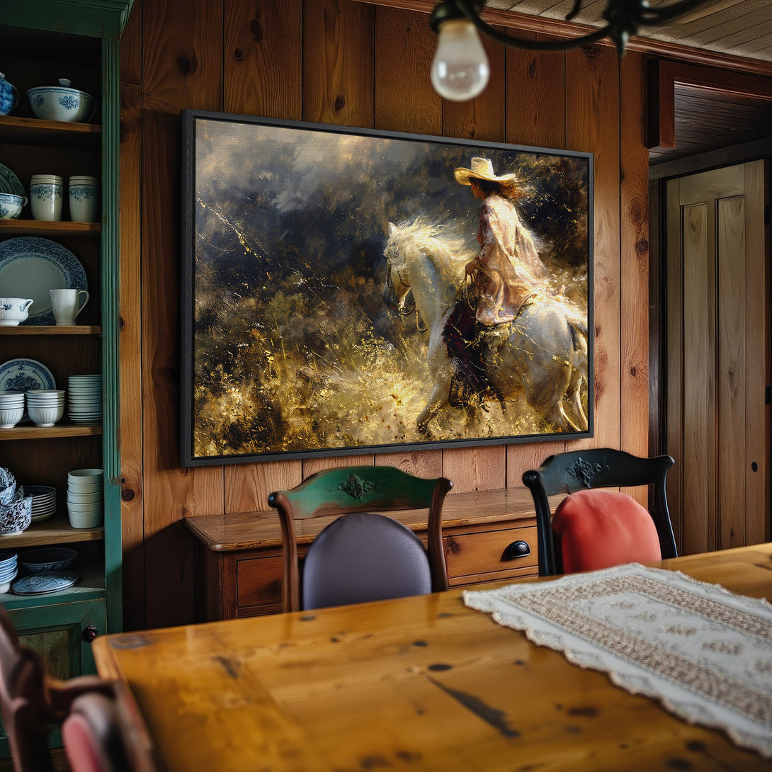 Framed Wall Art: Stunning equestrian painting in gold and neutral tones. Add rustic charm to your home decor with this captivating canvas print.